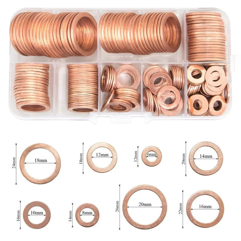 Image of Eight Sizes Copper Metric Sealing Washers And Flat Washers 150 Pieces Assortment Kit M6 M8 M10 M12 M14 M16 M18 M20 in a case