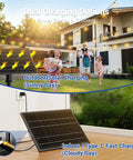200 Foot Solar String Lights Outdoor Waterproof With Remote Control in garden setting, dual charging options shown.