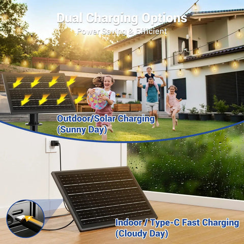 200 Foot Solar String Lights Outdoor Waterproof With Remote Control in garden setting, dual charging options shown.