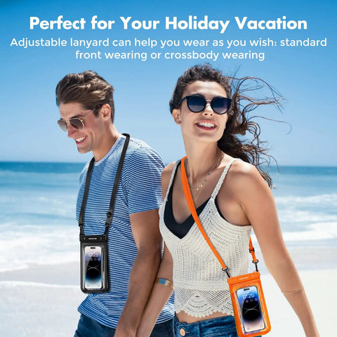 Couple with IPX8 Waterproof Phone Pouch Two Pack for iPhone 15 16 17 Pro Max at the beach, wearing lanyards.