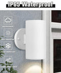 Outdoor Wall Light Sconce Set Two Pack Exterior White Modern Cylinder Style With Tempered Glass Cover Weatherproof Aluminum Housing