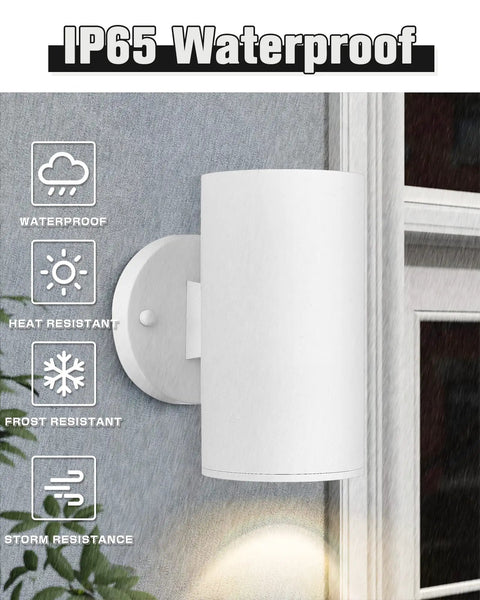 Outdoor Wall Light Sconce Set Two Pack Exterior White Modern Cylinder Style With Tempered Glass Cover Weatherproof Aluminum Housing