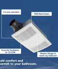 Must Have NonLit PowerHeat Bathroom Exhaust Fan And Heater, 110 CFM, 2.0 Sones, 1500 Watt Heater, white grille shown