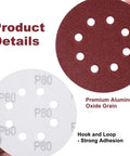 Heavy Duty 150 Pack 80 Grit Hook And Loop Sanding Discs 5 Inch 8 Hole Anti Clog Coating Hella Sharp Grit for detailed view of red and white sanding discs.