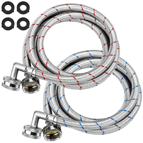 6Ft Stainless Steel Washer Hoses With 90 Degree Elbows Burst Proof Three Quarter FHT Standard Thread Two Pack Red And Blue Braided Hot And Cold Water Supply Lines Built Tough With 10 Year Warranty