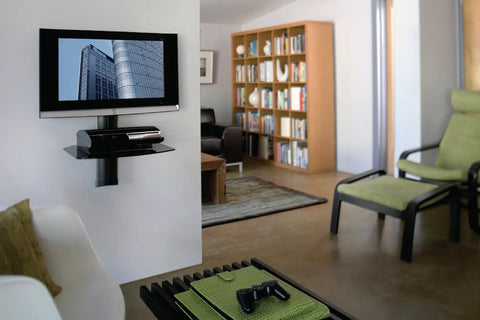 Under TV AV Gear Wall Shelf Dope One Shelf Mount with Adjustable 1 Inch Increments 6mm Tempered Glass in living room