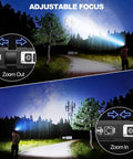 Zoomable Rechargeable High Lumens Tactical Flashlight With 8 Modes illuminating a forest path, showcasing adjustable focus in use.