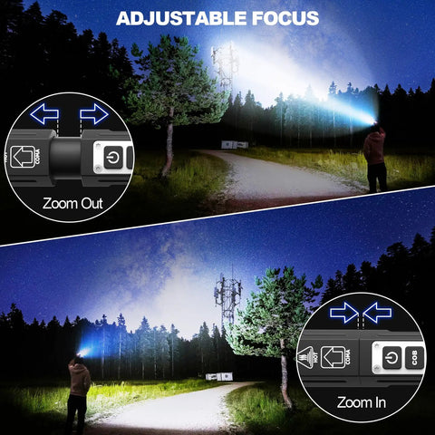 Zoomable Rechargeable High Lumens Tactical Flashlight With 8 Modes illuminating a forest path, showcasing adjustable focus in use.