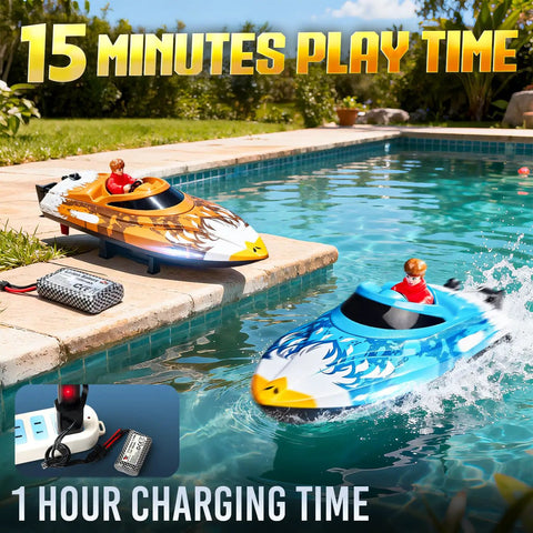 Self-Righting 12 Inch Remote Control Boat for Kids and Adults, 25 KPH Fast RC Boat With Waterproof Build, blue and orange boats in pool