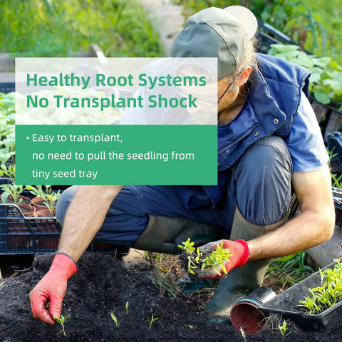 Gardener planting seedlings with Easy To Use Soil Blocker With Comfortable Handle, 4 Cell 2 Inch Block Maker for seed starting.