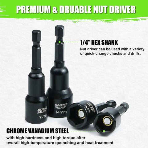 Magnetic Nut Driver Set For Impact Drill With Thirty Nine Pieces Includes Metric And SAE Hex Nut Drivers Quick Release Bit Holder And Toolbox Master Kit For Home DIY Projects And Pro Use, showing 1/4 inch hex shank and chrome vanadium steel