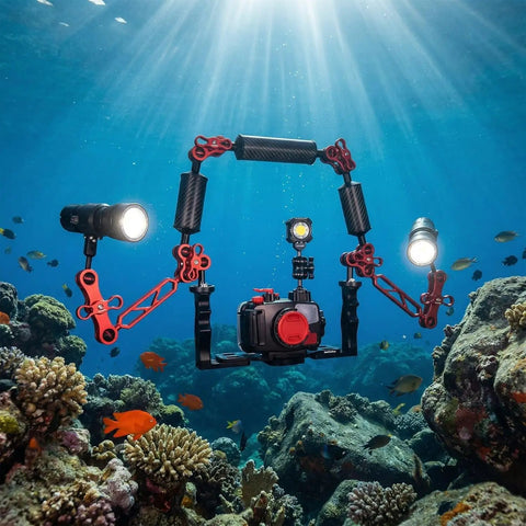 Double Pack 1 Inch Ball Clamp Set For Underwater Camera Tray And Dive Light Mounts on dive gear in coral reef