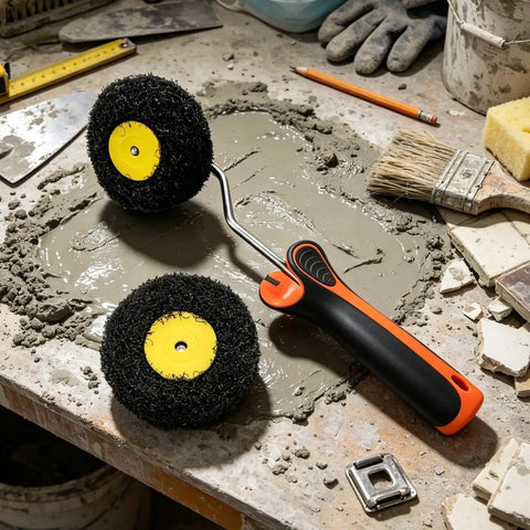 Drywall Corner Compound Roller Kit With Pumpkin Shaped Joint Head For Inside And Outside Corners Durable Nylon Bristle Pro Edger Tool on workspace with gray compound.