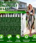 Woman standing next to Artificial Ivy Privacy Fence Screen 120 By 40 Inches Ultra Dense 1200 Leaf Faux Ivy Panels in backyard.