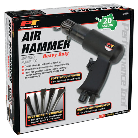 Box of Heavy Duty Pro Grade Air Hammer Kit With Five Chisels For Auto Body Repairs Built In Regulator For Precise Speed