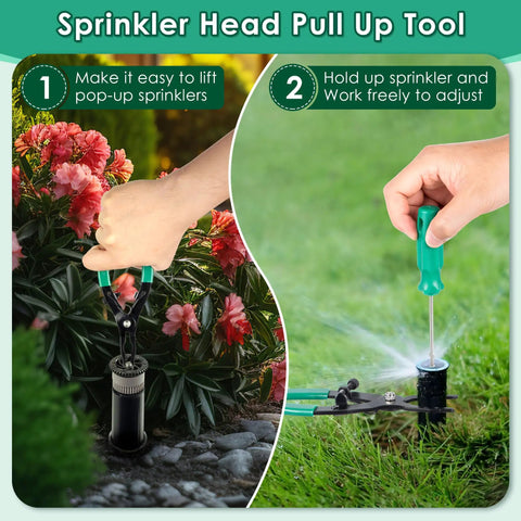 Sprinkler Head Tool Set for Rain Bird Irrigation Systems, Pull Up and Rotor Adjustment Tools in use on garden sprinkler.