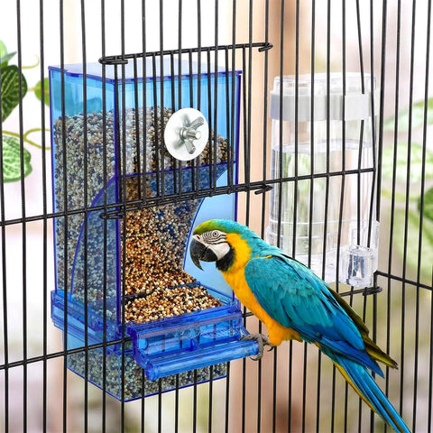 Slick No Mess Blue Clear Acrylic Bird Feeder And Water Dispenser Set With Six Automatic Gravity Feeders For Backyard Flocks in birdcage.