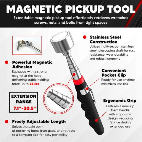 Four Piece Magnetic Tool Mat Set With Flexible Mats In Four Sizes And A Twenty Five Pound Telescoping Magnetic Pickup Pen For Garage Workshop And Auto Repair To Help You Grab And Go Keep Wrenches Screws And Bolts Neat And Within Reach