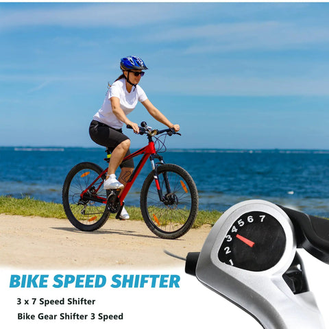 Cyclist on red bike using 7 Speed Thumb Shifter Set For Bikes, Left 3 Speed Front And Right 7 Speed Rear, TX50-7 Lever Pair.