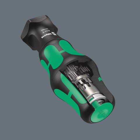 Kraftform Kompakt Turbo Imperial 1 19-Piece Screwdriver Set with Turbo Boost, exposed compact handle showing internal gears.