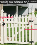 Heavy Duty Built To Last Self Closing Gate Hinge And Self Locking Latch Hardware Kit installed on white vinyl fence