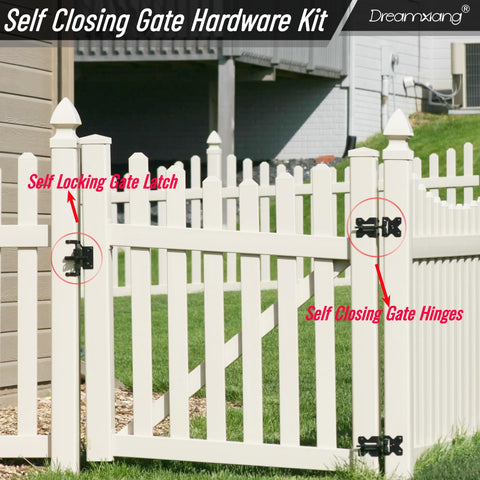 Heavy Duty Built To Last Self Closing Gate Hinge And Self Locking Latch Hardware Kit installed on white vinyl fence
