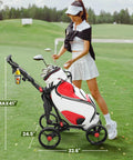 Ultralight Aluminum Golf Push Cart With Quick Snap One Click Fold Design And Large Ten Inch All Terrain Wheels That Glide Hella Smooth On Any Clubhouse Course, shown with dimensions and a golfer.
