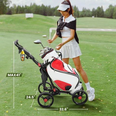 Ultralight Aluminum Golf Push Cart With Quick Snap One Click Fold Design And Large Ten Inch All Terrain Wheels That Glide Hella Smooth On Any Clubhouse Course, shown with dimensions and a golfer.
