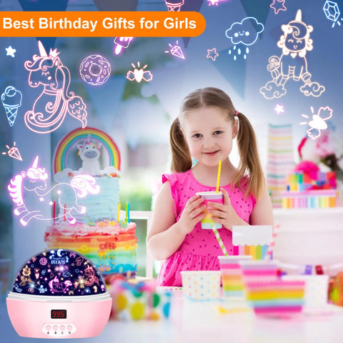Girl enjoying birthday party with Star Light Rotating Projector For Kiddo Crew, Moon And Stars Night Light on table.