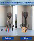Before and after of 360 Degree Rotating Bamboo Fishing Rod Holder Floor Stand That Holds Up To 12 Rods organizing poles in garage.