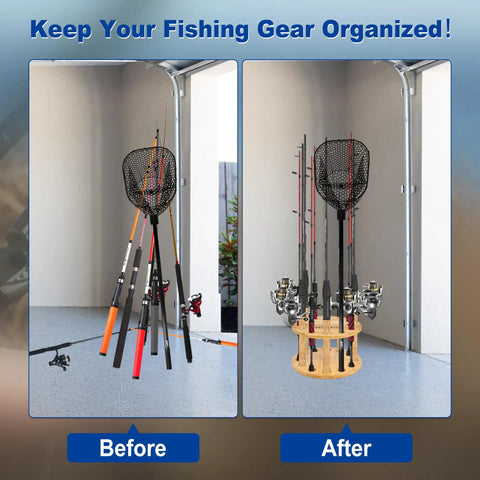 Before and after of 360 Degree Rotating Bamboo Fishing Rod Holder Floor Stand That Holds Up To 12 Rods organizing poles in garage.