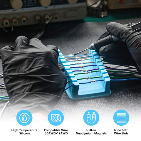 Hands Free Soldering Wire Holder Clamp Stand with neo magnets base and heat resistant silicone 9 precision slots in use
