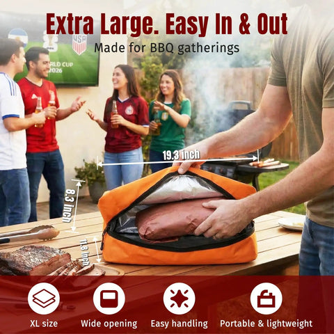 Five Layer Insulated Meat Resting Blanket With Aluminum Foil Lining, EPE Foam And 600D Shell, open showing meat inside, outdoor use