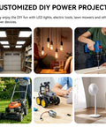 Customized DIY projects featuring LEDs, power tools, lawn mower, and fan; ideal for 18V To 12V Buck Converter For M18 Battery use.