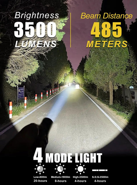 Underwater Dive Light 3500 Lumens With 485M Long Range Narrow Beam illuminating a road at night, showcasing brightness and beam distance.