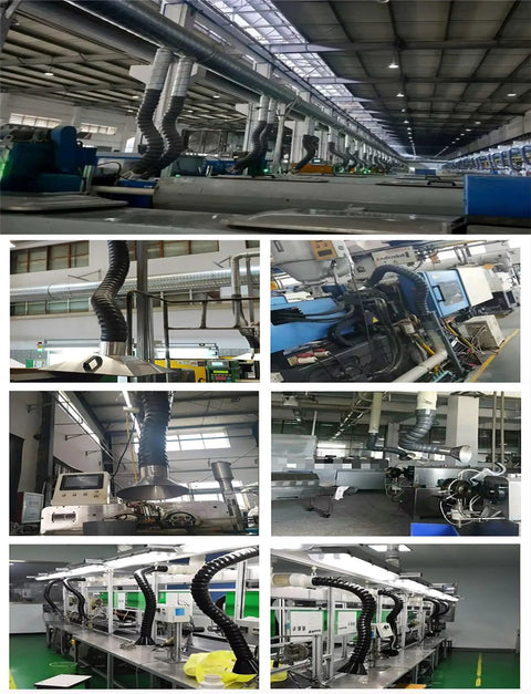 Heavy Duty Stainless Steel Fume Extractor With 360 Flex Articulating Arm And Long Duct Hose in industrial workspace setup.
