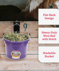 Purple 2 Gallon Heavy Duty Workhorse Plastic Bucket with flat back hanging on stable door, filled with hay.