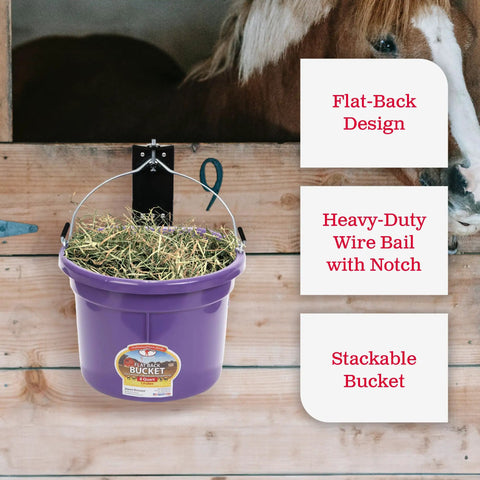 Purple 2 Gallon Heavy Duty Workhorse Plastic Bucket with flat back hanging on stable door, filled with hay.