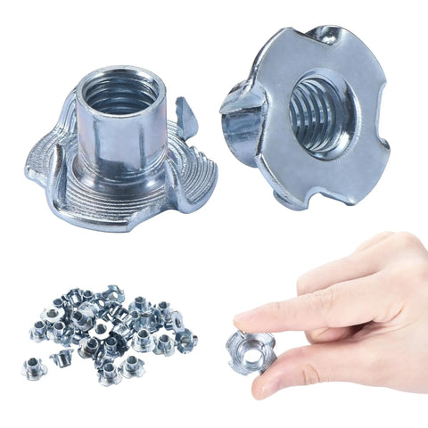 Beefy Heavy Duty T Nut Wood Insert For Wood And Composite Materials With Carbon Steel Construction And Black Zinc Finish, Flush Mount 4 Prong 1/4 By 20 Threads, 5/16 Inch Long, Durable Fasteners Set Of 100 For Furniture And Projects