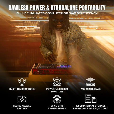 Music producer using MPC Live III Standalone Portable Music Production Center with built-in microphone and stereo monitors