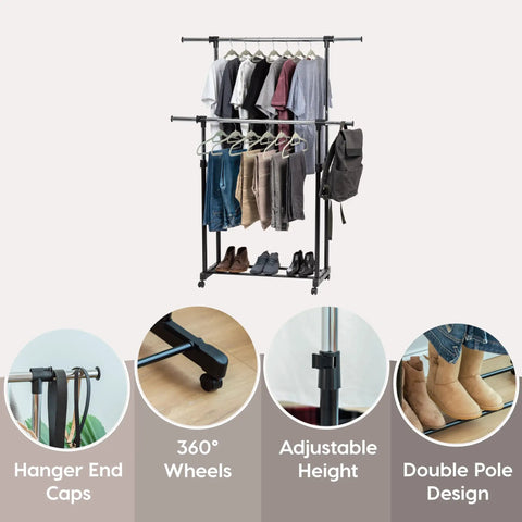 Heavy Duty Double Rod Clothes Rack With Smooth Rolling Lockable Wheels And Height Adjustable Extendable Bar Dead Simple Setup Portable Wardrobe Stand For Coats Dresses Pants Belts Shoes Hang Whatever You Need No Sweat