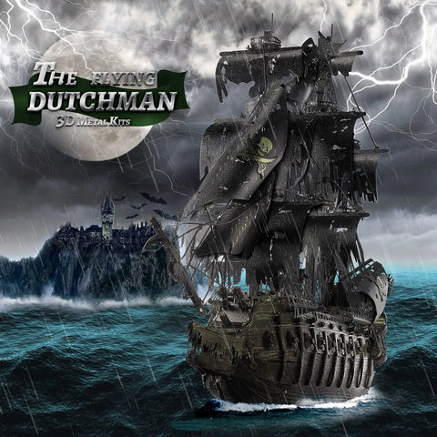 Epic Dope 3D Metal Puzzle Kit Flying Dutchman Pirate Ship Model Building Set with stormy sea and lightning background