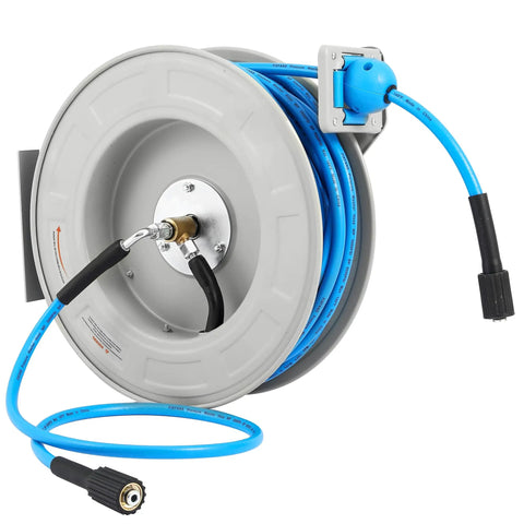 Heavy Duty 100 Ft Retractable Pressure Washer Hose Reel With Auto Rewind One Quarter Inch Hose Wall Mounted 3600 PSI Compatible
