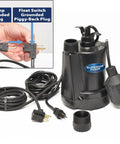 1/4 HP Thermoplastic Submersible Sump Pump With Tethered Float Switch, 1800 GPH Capacity, Lifts Water Up To 25 Feet, 10-Foot Cord