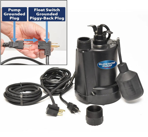 1/4 HP Thermoplastic Submersible Sump Pump With Tethered Float Switch, 1800 GPH Capacity, Lifts Water Up To 25 Feet, 10-Foot Cord