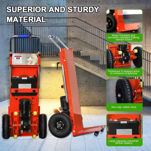 Camini 1200W Electric Stair Climbing Hand Truck Dolly With 880 Lb Heavy Load Capacity For Moving Appliances Furniture And Warehouse Goods Efficiently Reduces Manual Strain Power, showcasing sturdy wheels and durable design.