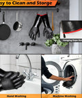 Heavy Duty BBQ Gloves 14 Inch Heat Resistant Mitts With Arm Guard Up To 1472 Fahrenheit Waterproof displayed in kitchen