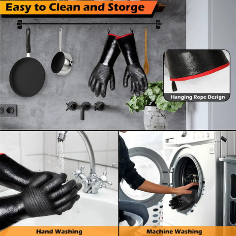 Heavy Duty BBQ Gloves 14 Inch Heat Resistant Mitts With Arm Guard Up To 1472 Fahrenheit Waterproof displayed in kitchen