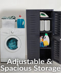 Freestanding 48 Inch Tall Resin Garage Storage Cabinet with doors in charcoal for garage laundry office or basement next to washer