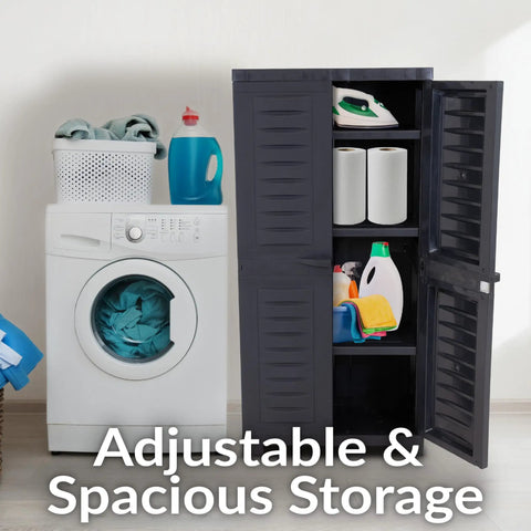 Freestanding 48 Inch Tall Resin Garage Storage Cabinet with doors in charcoal for garage laundry office or basement next to washer